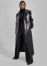 Tina Crackled Faux Leather Trench Coat Black - Women