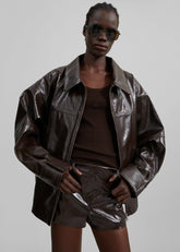 Arbor Crackled Faux Leather Jacket Brown - Women
