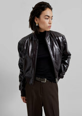 Micky Crackled Faux Leather Cropped Bomber Dark Brown - Women