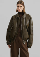 Blane Faux Leather Padded Bomber Jacket Khaki Brown - Women