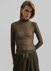Tulia Long Sleeve Mesh Tee Khaki - Women