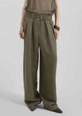 Daytona Pleated Linen Trousers Khaki - Women