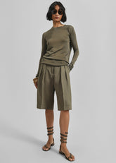 Bilbao Pleated Linen Bermuda Shorts Khaki - Women