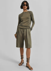 Bilbao Pleated Linen Bermuda Shorts Khaki - Women