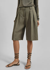 Bilbao Pleated Linen Bermuda Shorts Khaki - Women