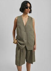 Bilbao Pleated Linen Bermuda Shorts Khaki - Women