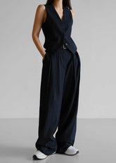 Tansy Pleated Trousers Navy Pinstripe - Women