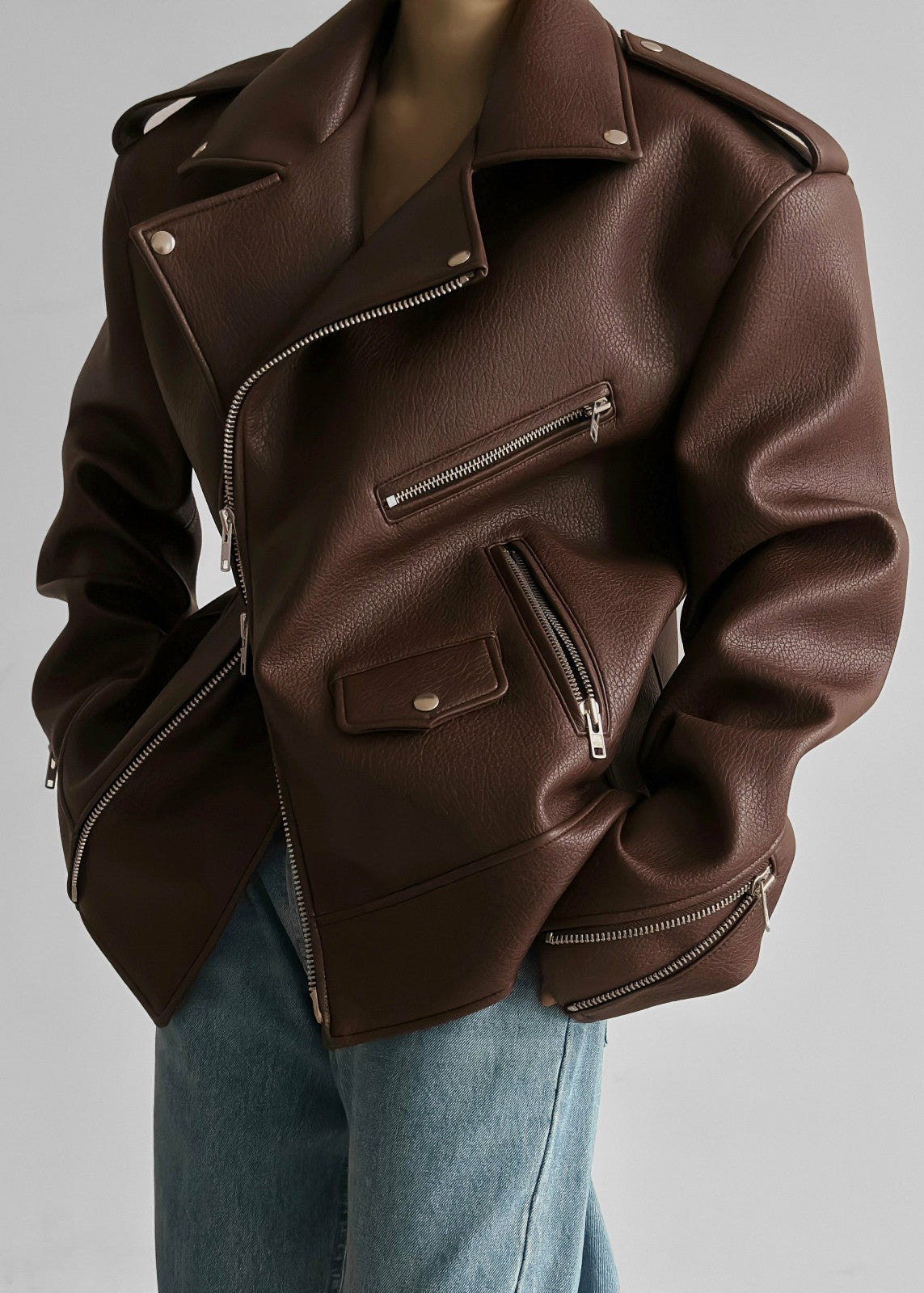 Chicago Oversized Biker Jacket Brown - Women