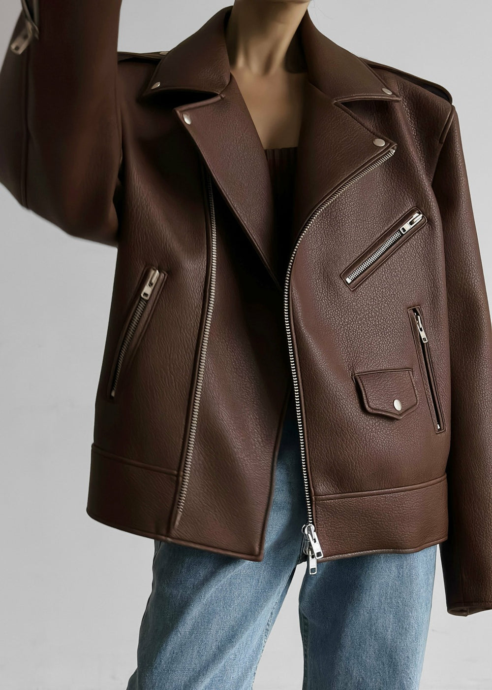Chicago Oversized Biker Jacket Brown - Women