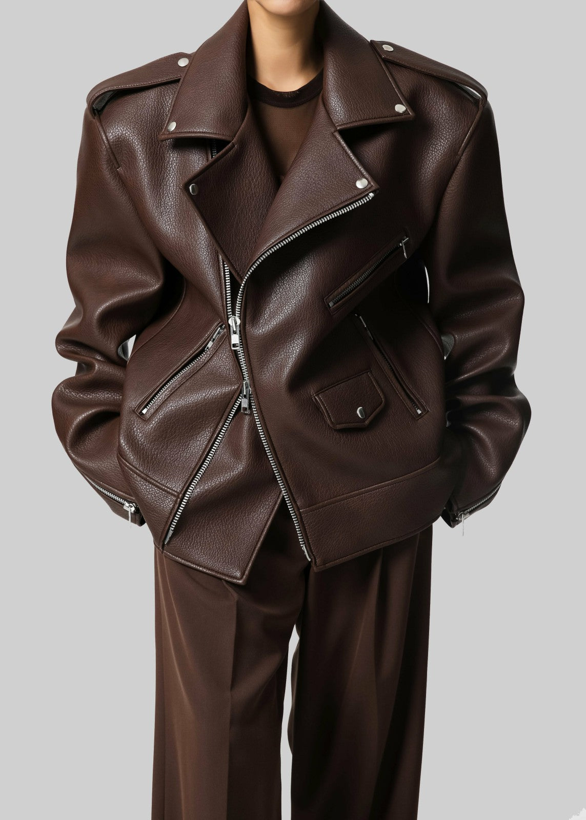 Chicago Oversized Biker Jacket Brown - Women