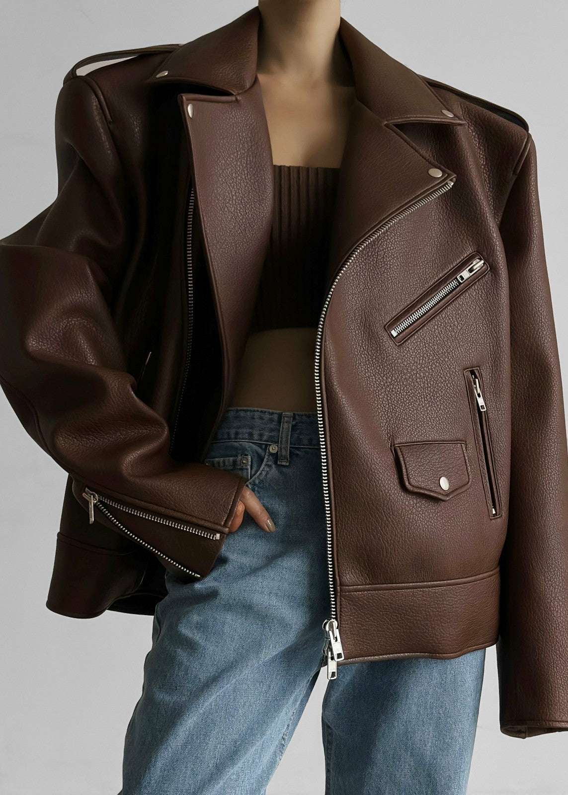 Chicago Oversized Biker Jacket Brown - Women