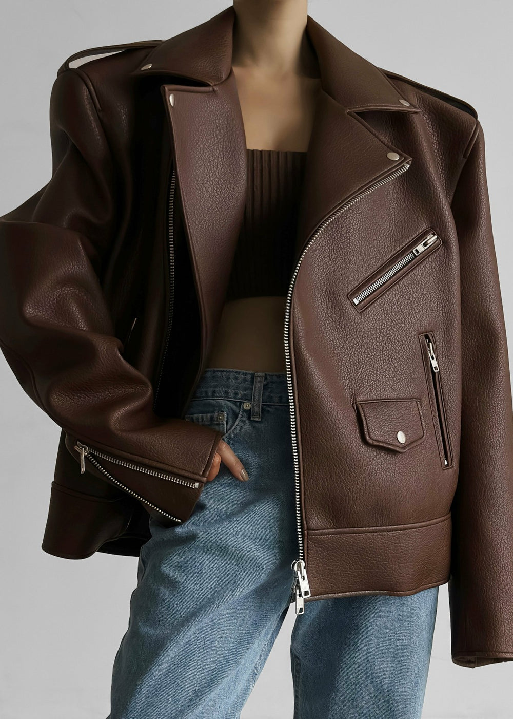 Chicago Oversized Biker Jacket Brown - Women