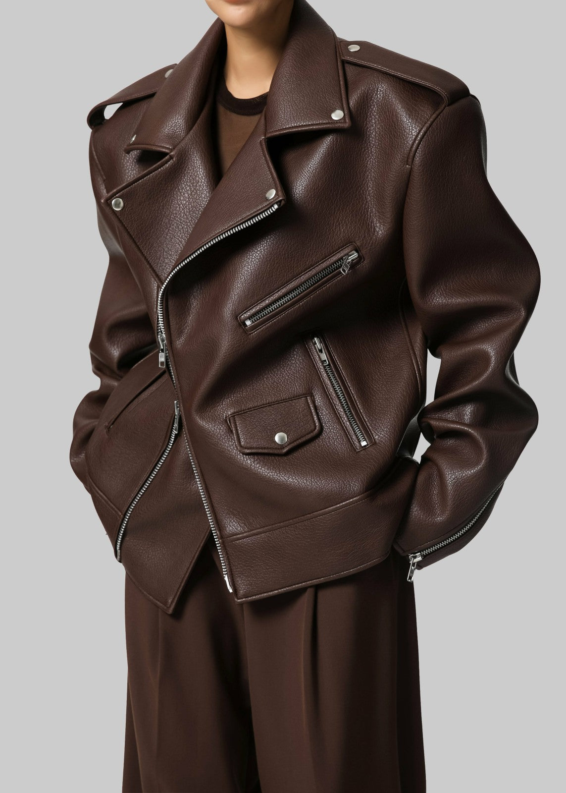 Chicago Oversized Biker Jacket Brown - Women