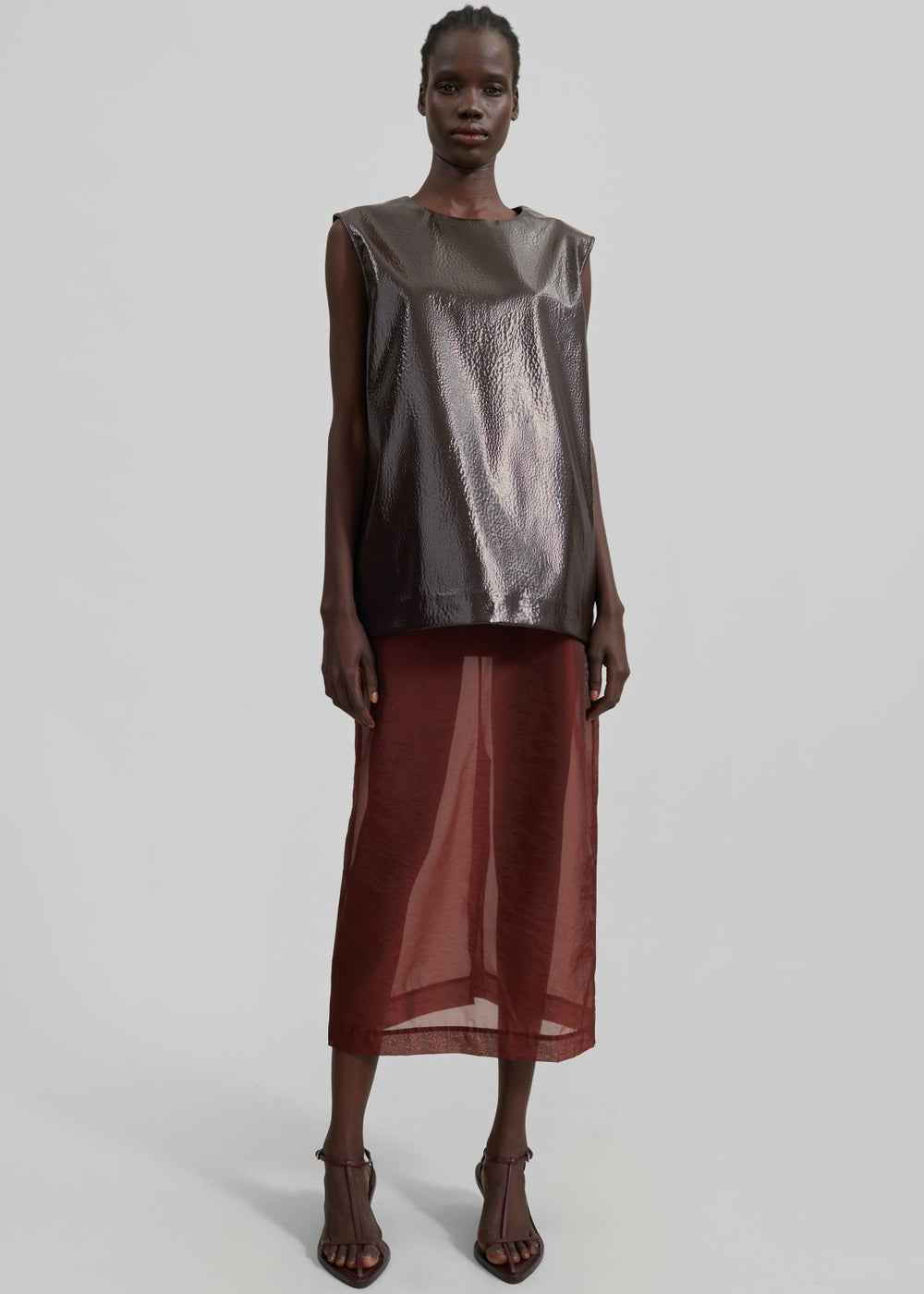Amaris Crackled Faux Leather Tank Top Brown - Women