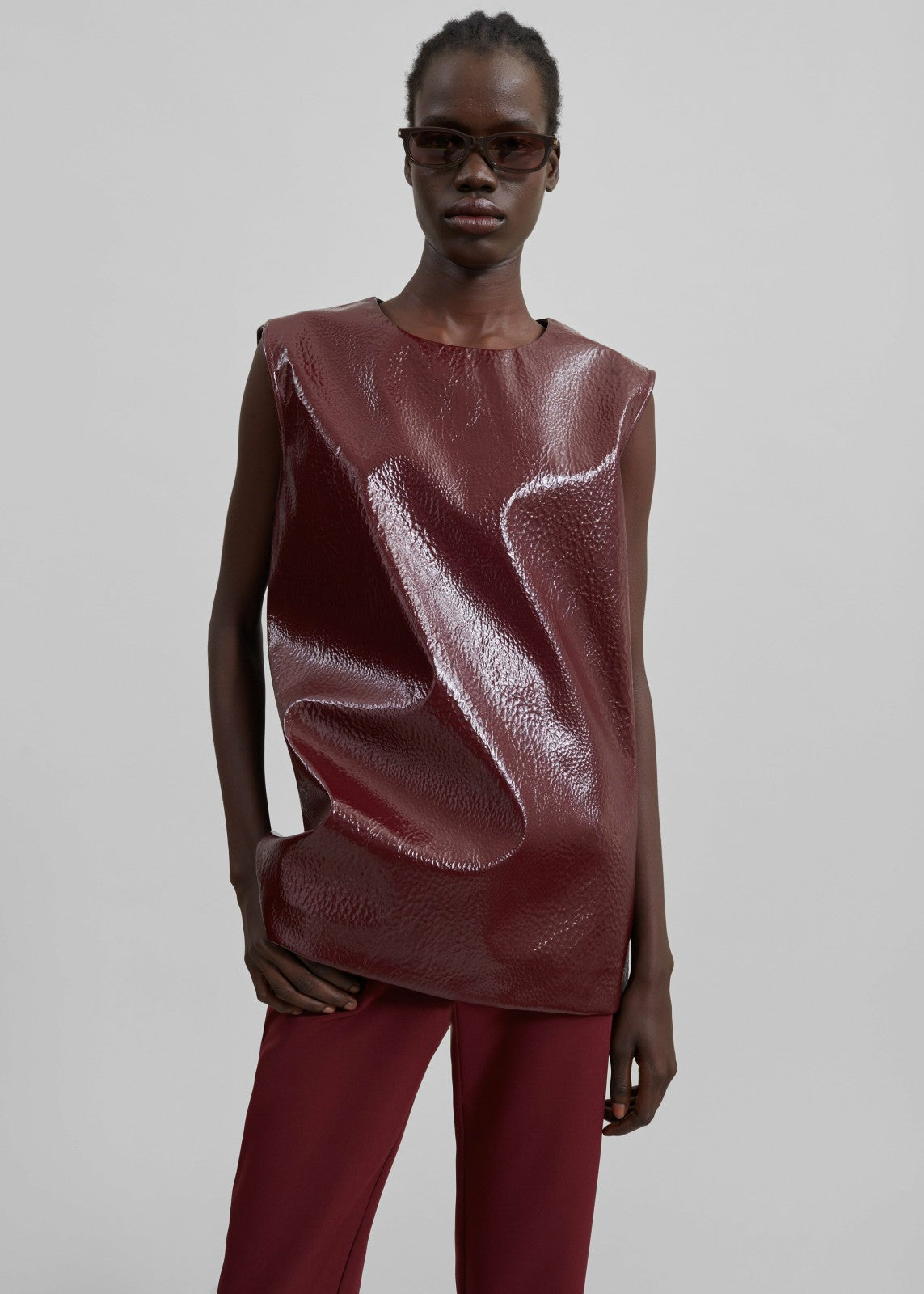 Amaris Crackled Faux Leather Tank Top Burgundy - Women