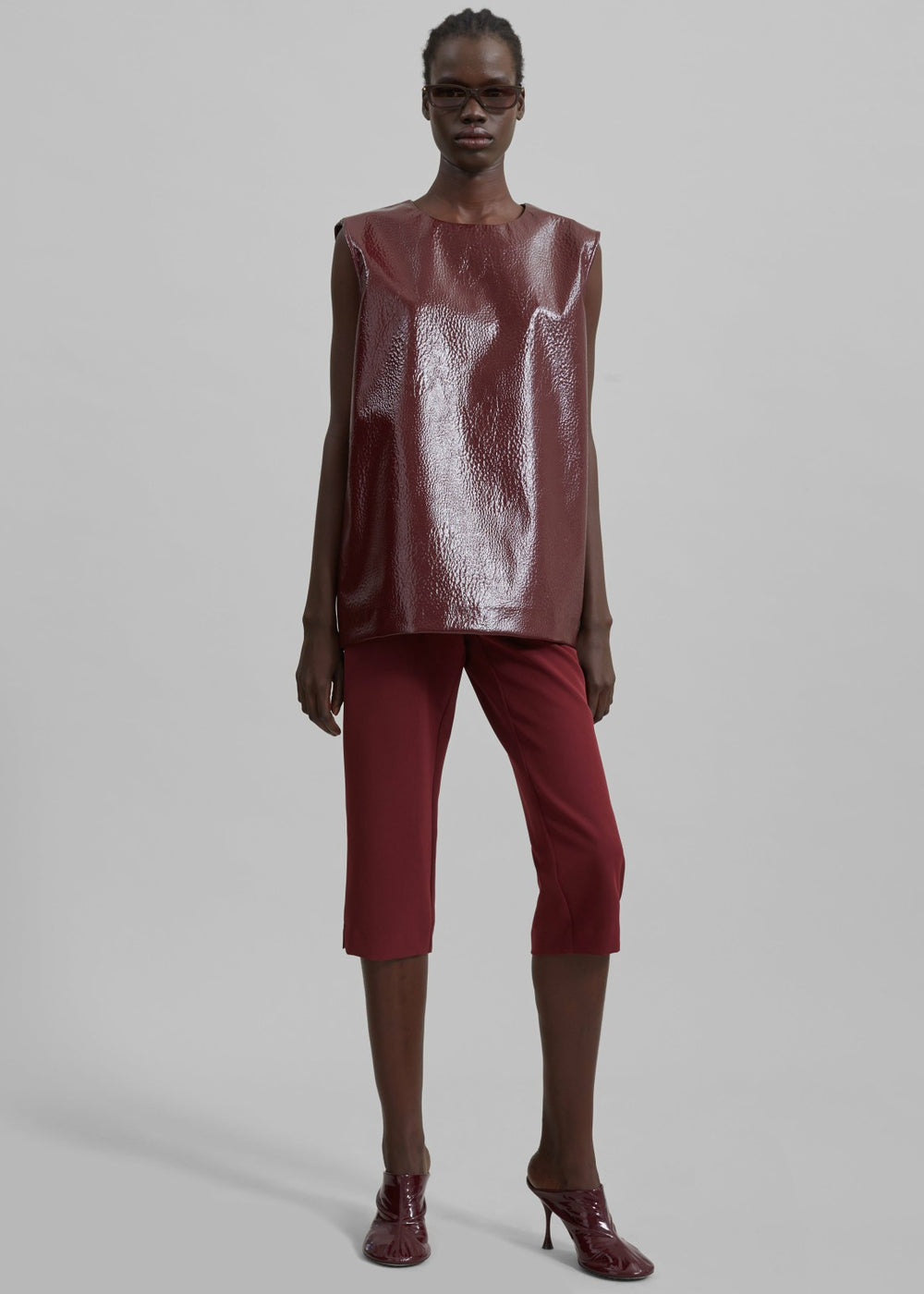 Amaris Crackled Faux Leather Tank Top Burgundy - Women