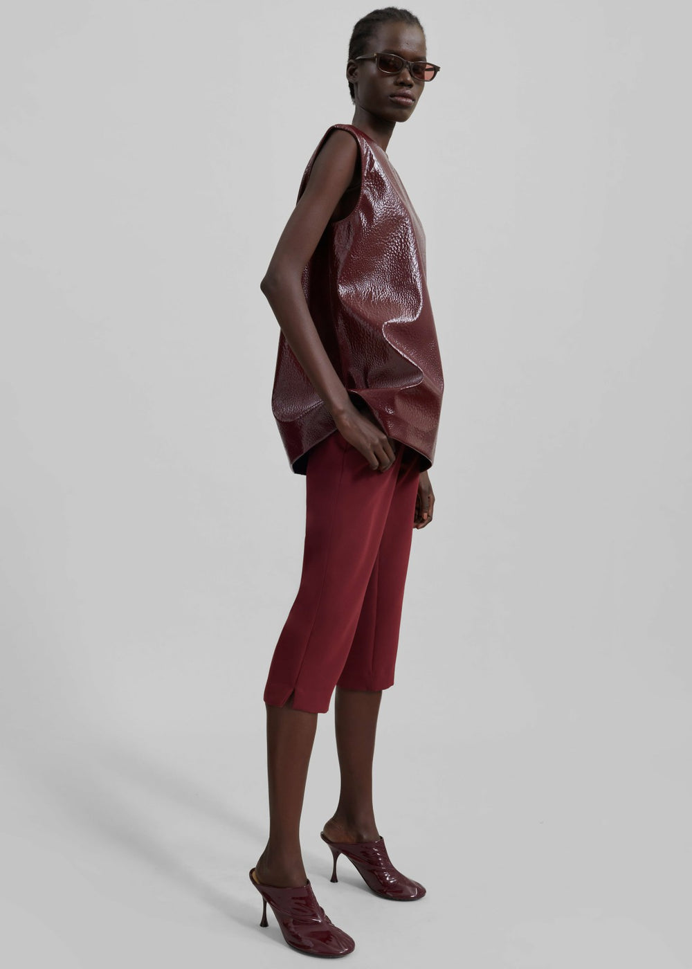 Amaris Crackled Faux Leather Tank Top Burgundy - Women