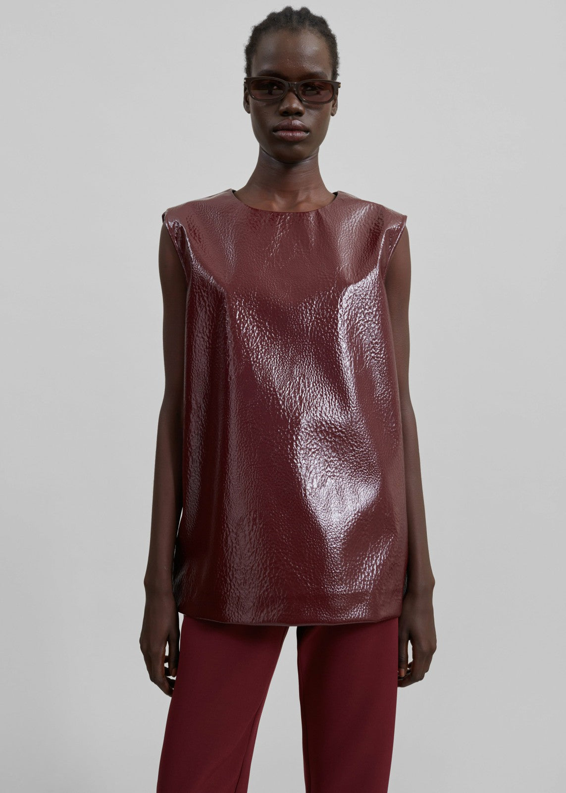 Amaris Crackled Faux Leather Tank Top Burgundy - Women