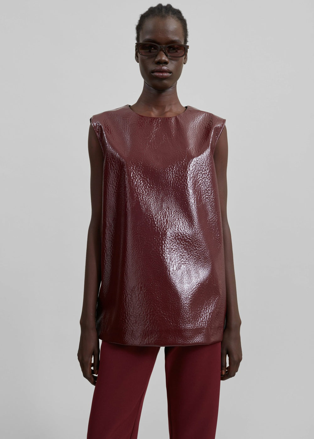 Amaris Crackled Faux Leather Tank Top Burgundy - Women