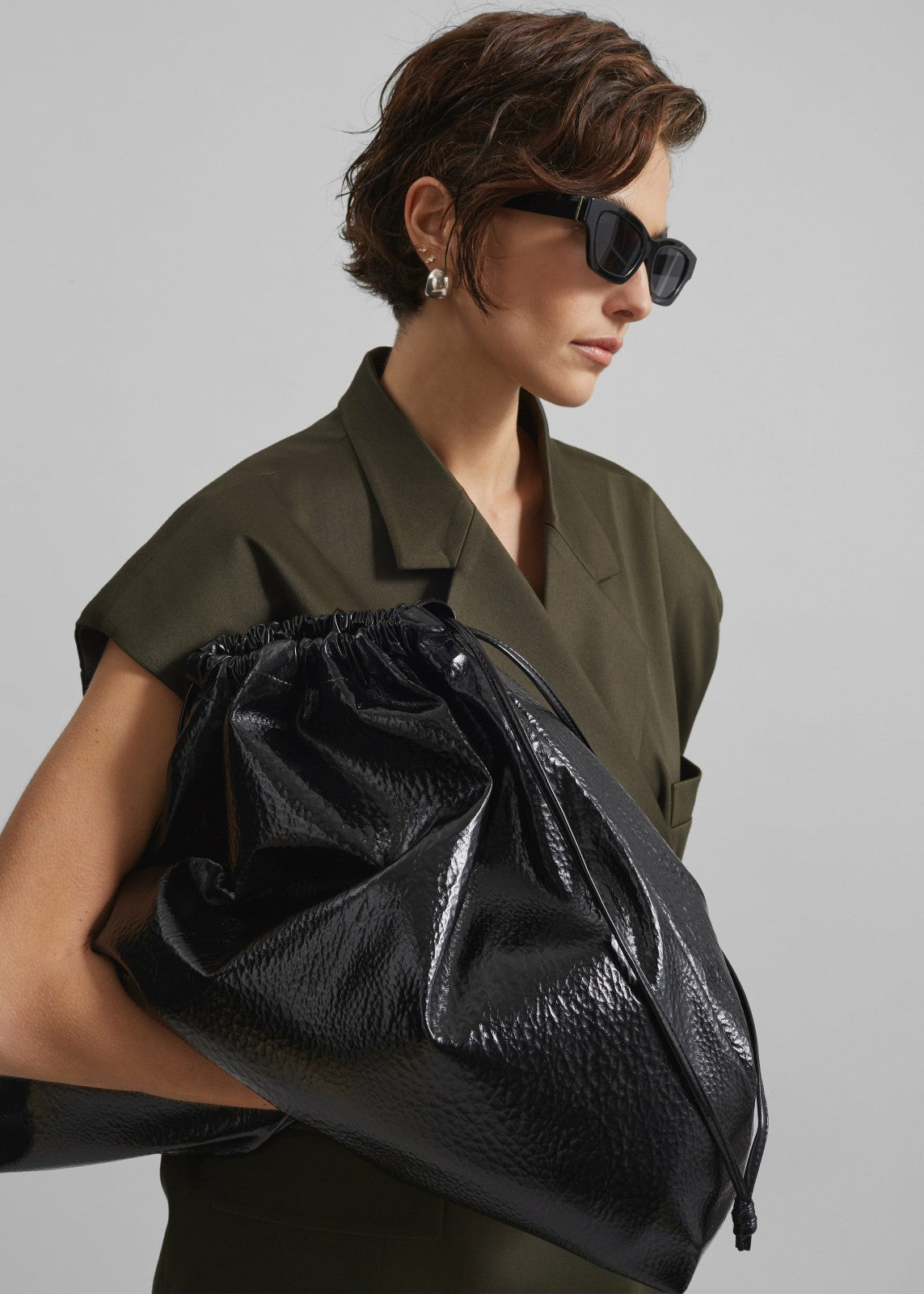 Morgan Crackled Faux Leather Large Pouch Black - Women