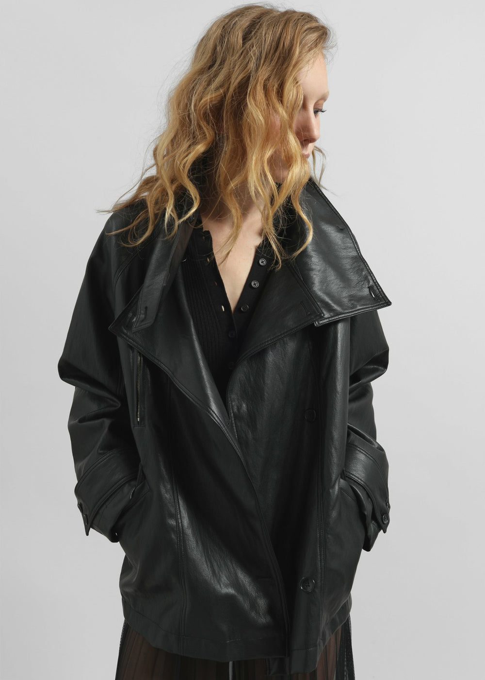 Amunta Faux Leather Trench Jacket Black - Women