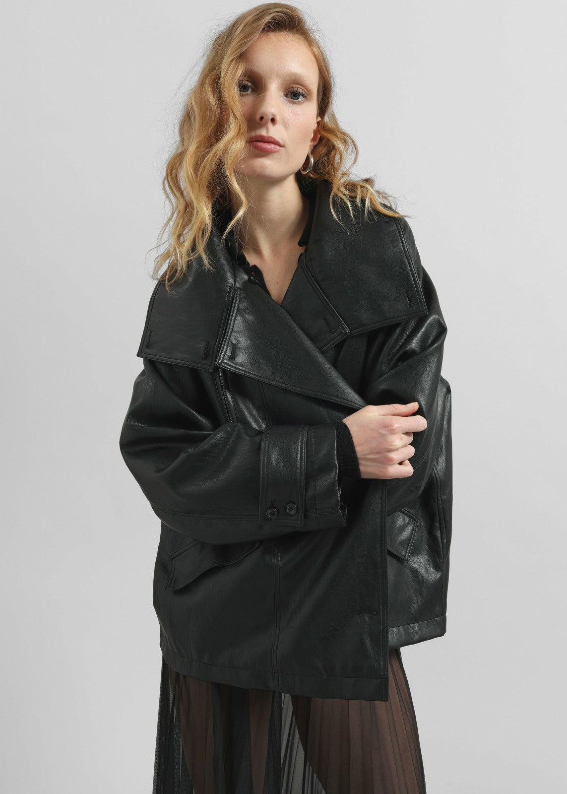 Amunta Faux Leather Trench Jacket Black - Women