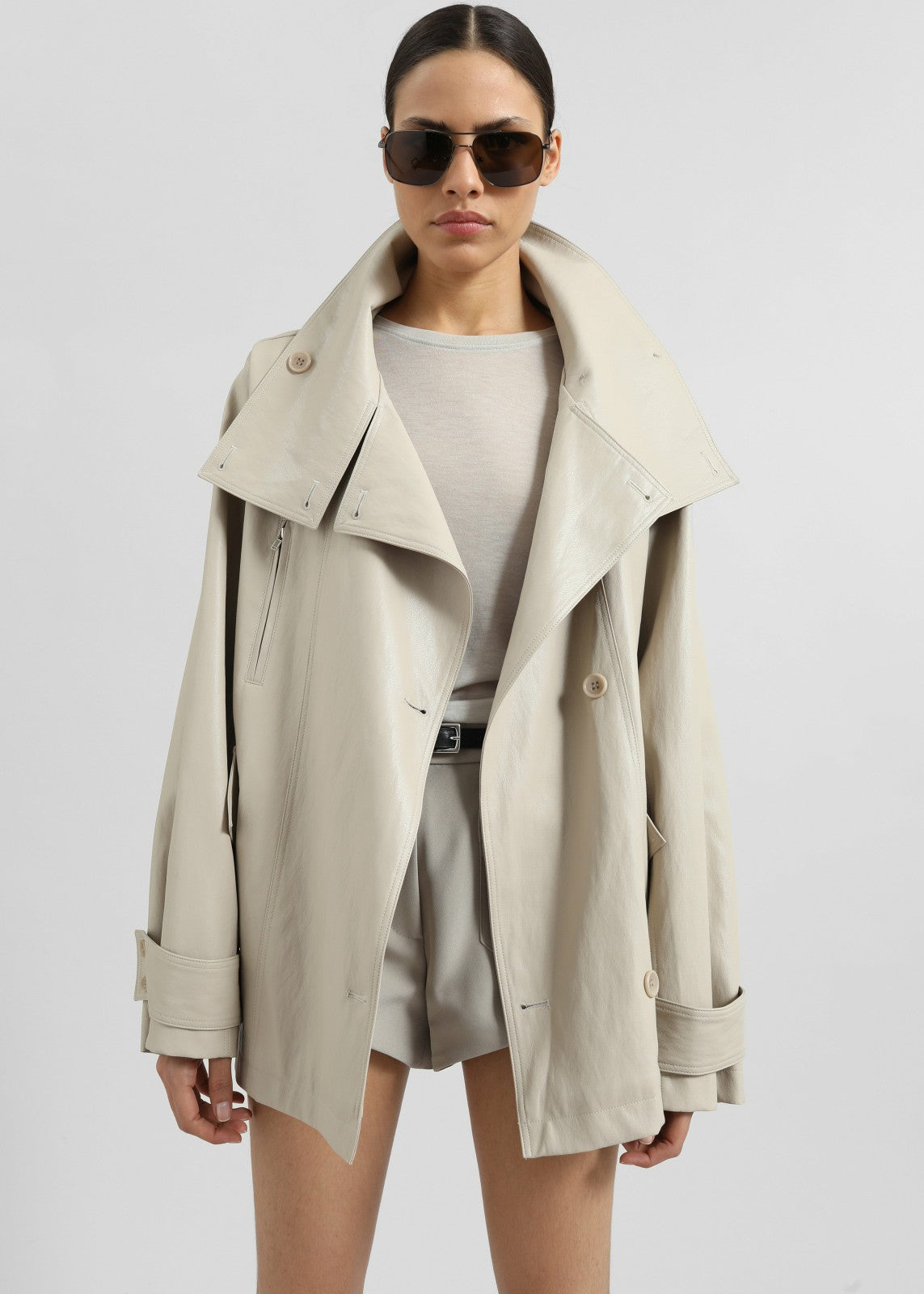 Amunta Faux Leather Trench Jacket Light Beige - Women