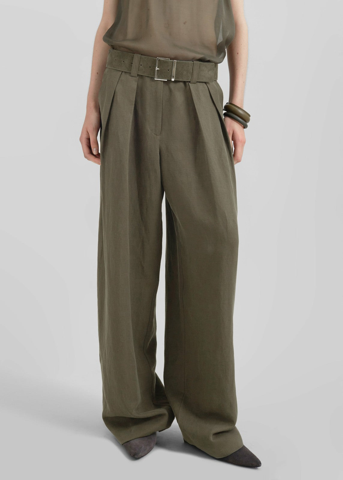 Daytona Pleated Linen Trousers Khaki - Women