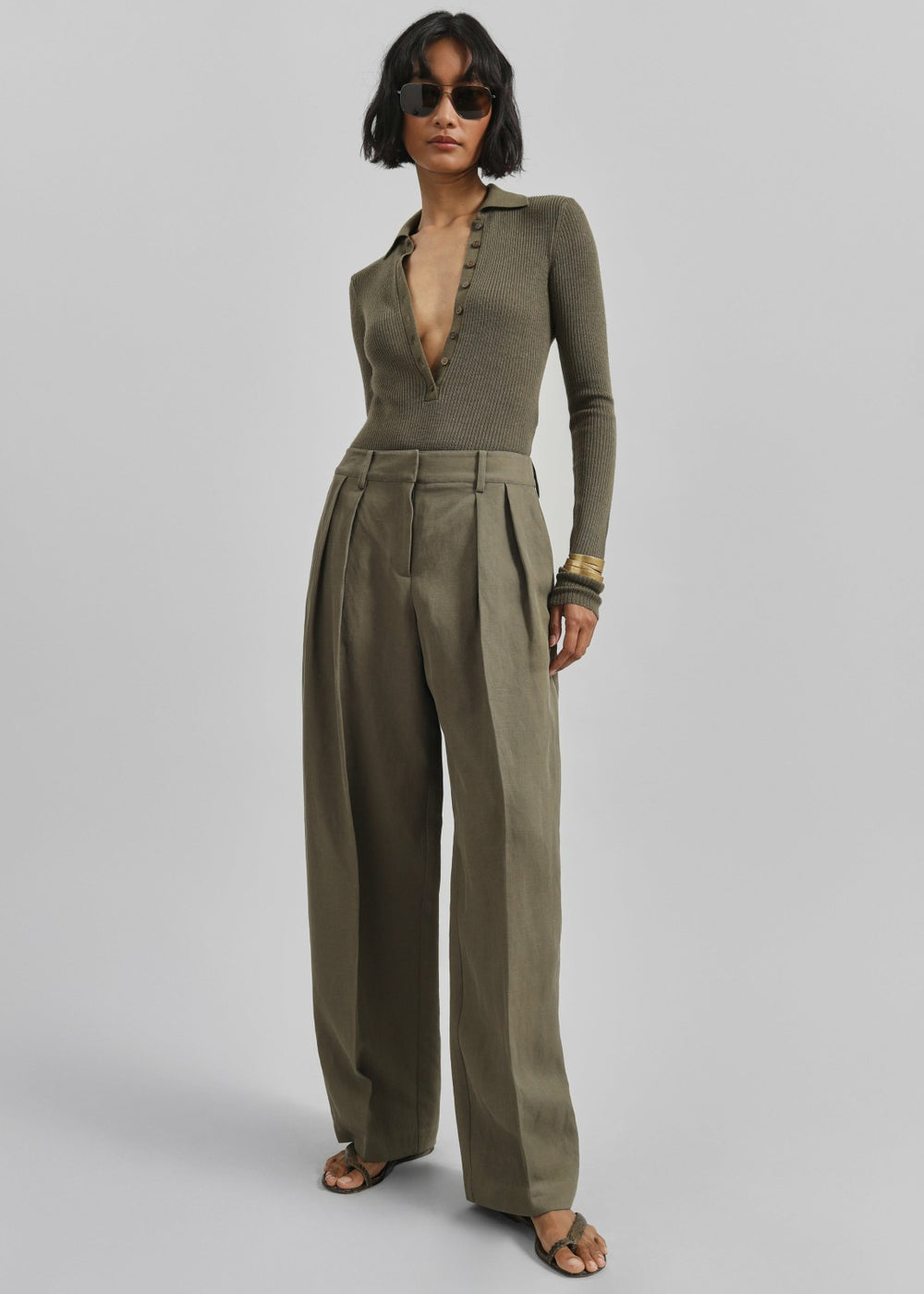 Daytona Pleated Linen Trousers Khaki - Women