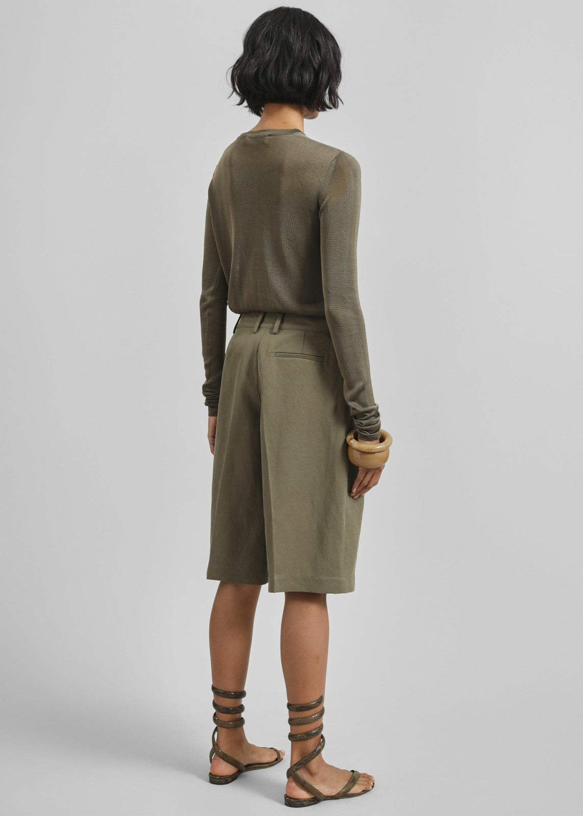 Bilbao Pleated Linen Bermuda Shorts Khaki - Women
