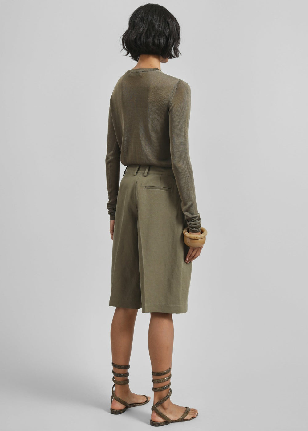 Bilbao Pleated Linen Bermuda Shorts Khaki - Women