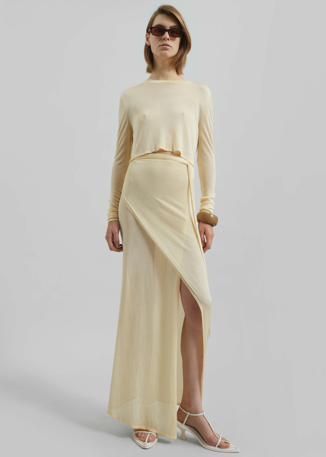 Alsen Thin Knit Wrap Skirt Pale Yellow - Women
