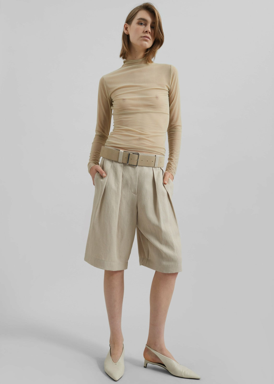 Bilbao Pleated Linen Bermuda Shorts Cement - Women