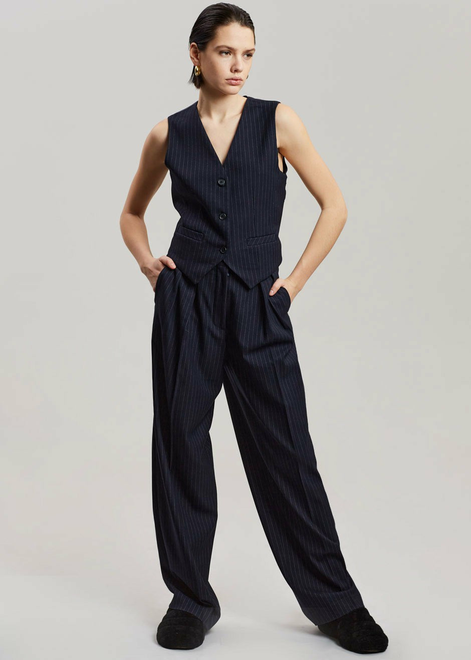 Tansy Tailored Vest Navy Pinstripe - Women