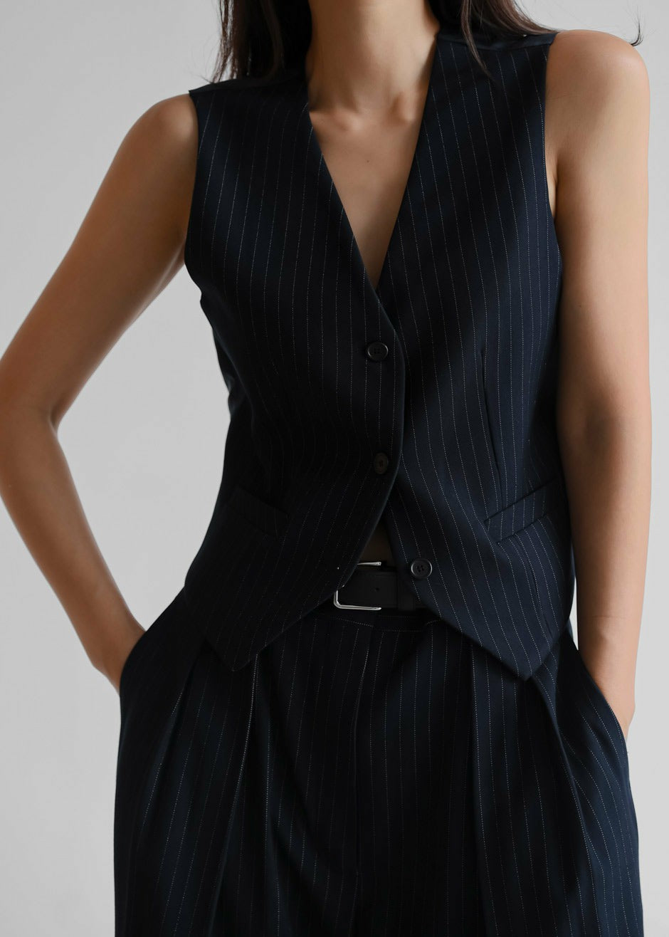 Tansy Tailored Vest Navy Pinstripe - Women