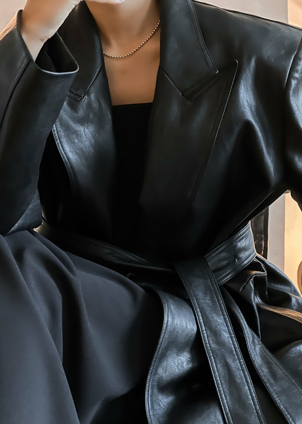 Connie Faux Leather Belted Trench Coat Black - Women