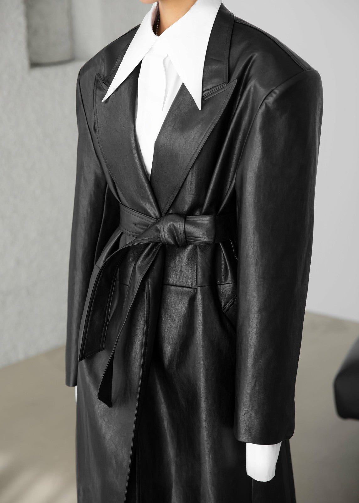 Connie Faux Leather Belted Trench Coat Black - Women