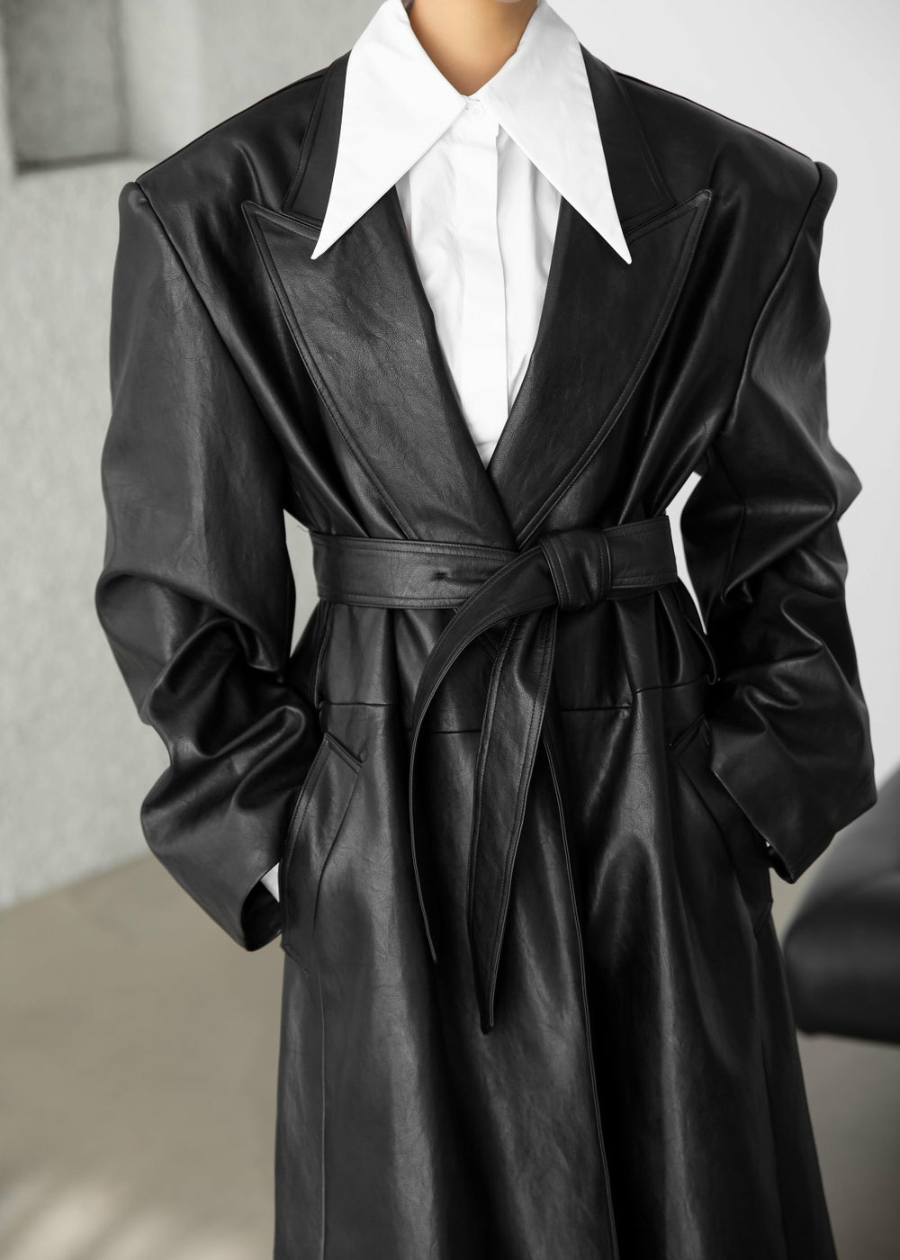 Connie Faux Leather Belted Trench Coat Black - Women